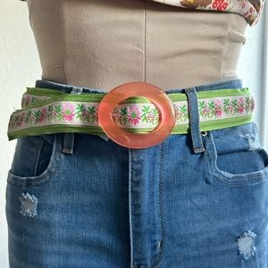 Eliza B. Reversible Floral/Green Grosgrain Ribbon Belt Clear Coral Buckle sz: S